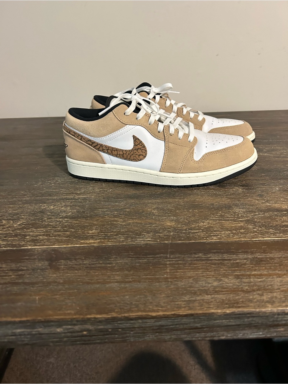 Jordan Low-Top Sneaker in Tan and White with Crackle Swoosh